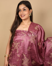 Load image into Gallery viewer, Wine Pink Embroidered Pure Tussar Silk Unstitched Suit Set