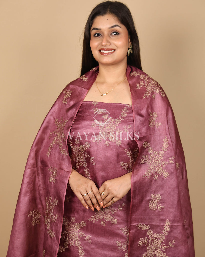 Wine Pink Embroidered Pure Tussar Silk Unstitched Suit Set