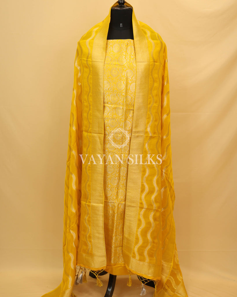 Yellow Banarasi Brocade Organza Silk Unstitched Suit Set