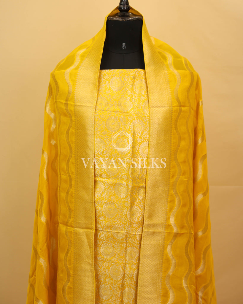 Yellow Banarasi Brocade Organza Silk Unstitched Suit Set