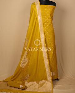 Mustard Yellow Banarasi Silk Unstitched Suit Set