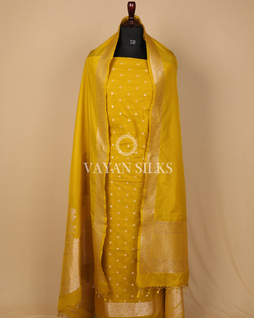 Mustard Yellow Banarasi Silk Unstitched Suit Set