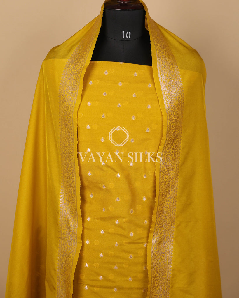 Mustard Yellow Banarasi Silk Unstitched Suit Set