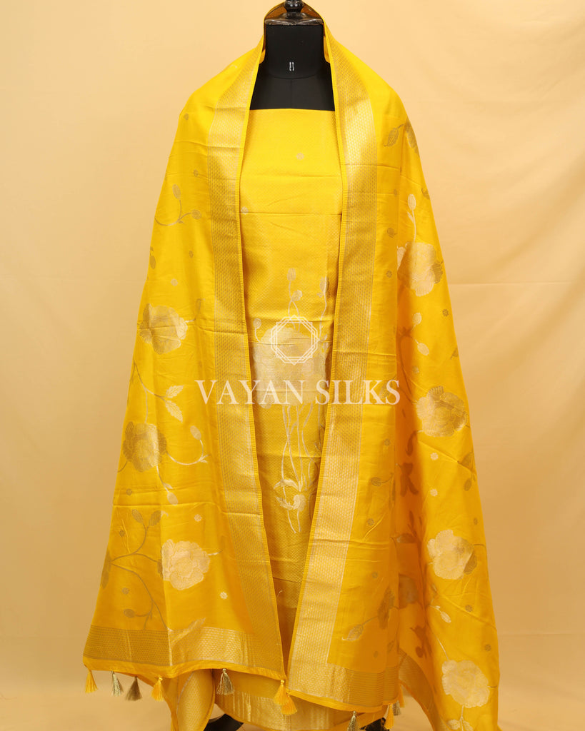 Yellow Chiniya Banarasi Silk Unstitched Suit Set