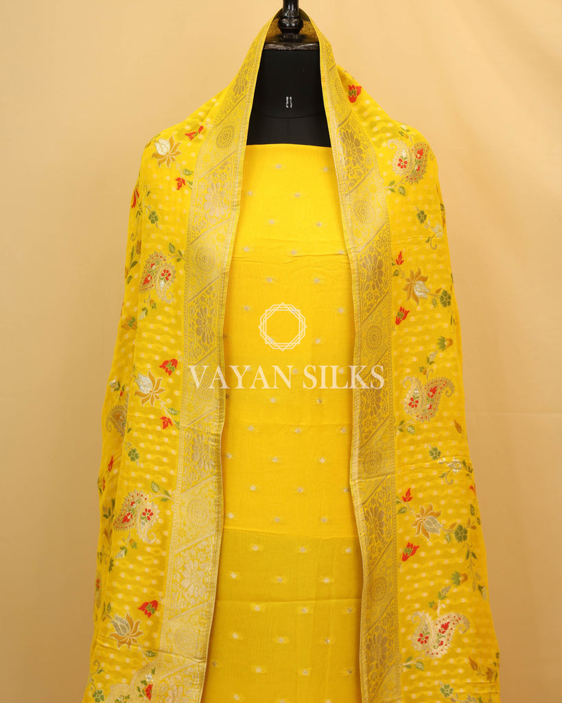 Yellow Banarasi  Georgette Silk Unstitched Suit Set