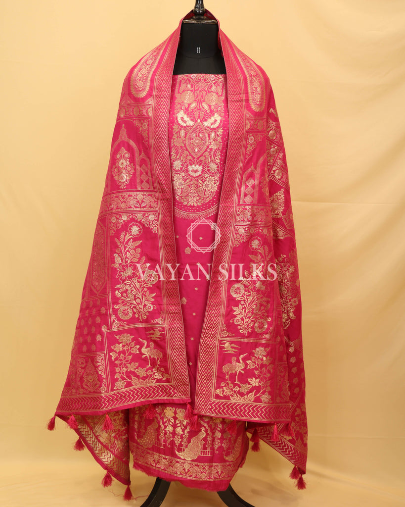 Queen Pink Chiniya Banarasi Silk Unstitched Suit Set