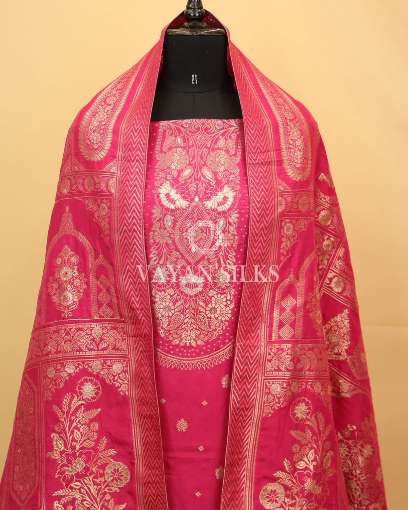 Queen Pink Chiniya Banarasi Silk Unstitched Suit Set