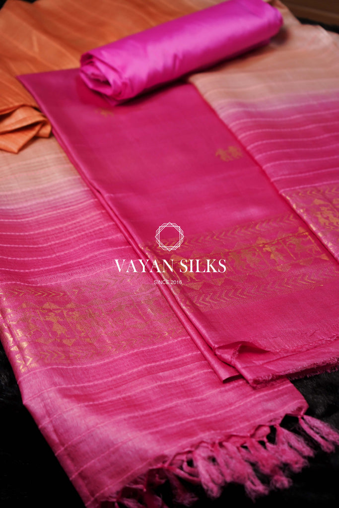 Pink Orange Handwoven Tussar Silk Suit Set