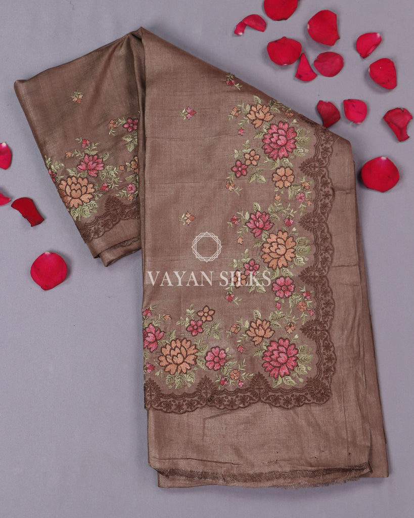 Brown Embroidered Tussar Silk saree