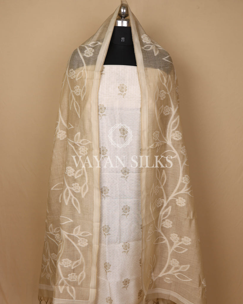 Beige Off White Banarasi Silk Unstitched Suit Set