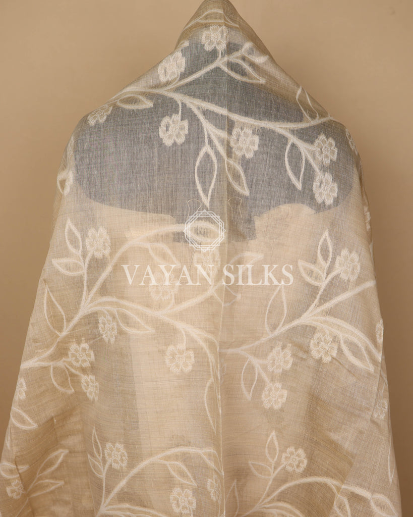 Beige Off White Banarasi Silk Unstitched Suit Set