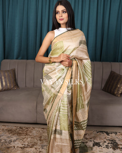 Beige Olive Green Printed Pure Tussar Silk Saree