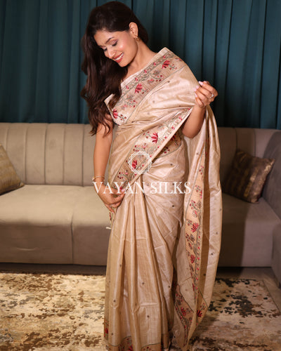 Beige Embroidered Pure Tussar Silk Saree