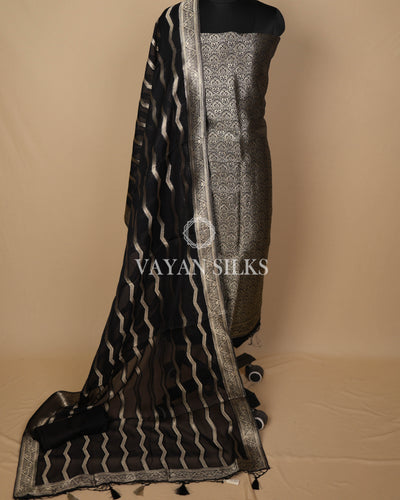 Black Banarasi Brocade Organza Silk Unstitched Suit Set