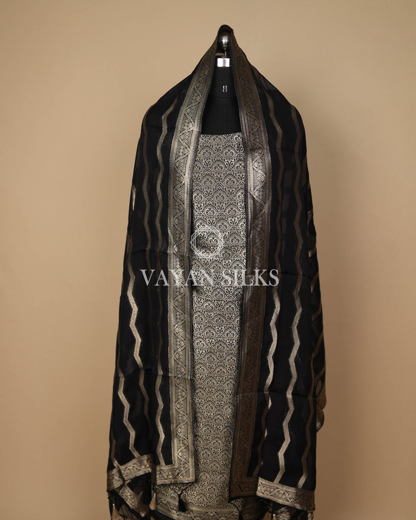 Black Banarasi Brocade Organza Silk Unstitched Suit Set