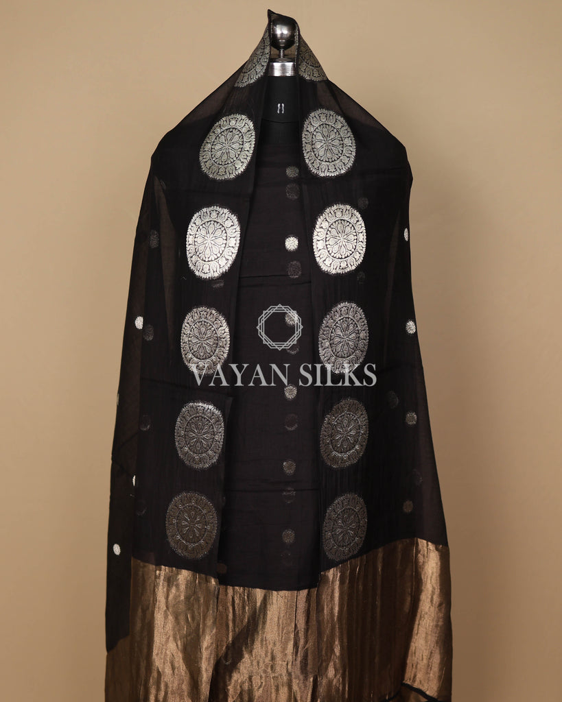 Black Banarasi  Mul Silk Unstitched Suit Set