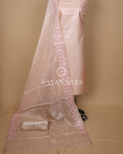 Blush Pink Embroidered Pure Tussar Silk Unstitched Suit Set