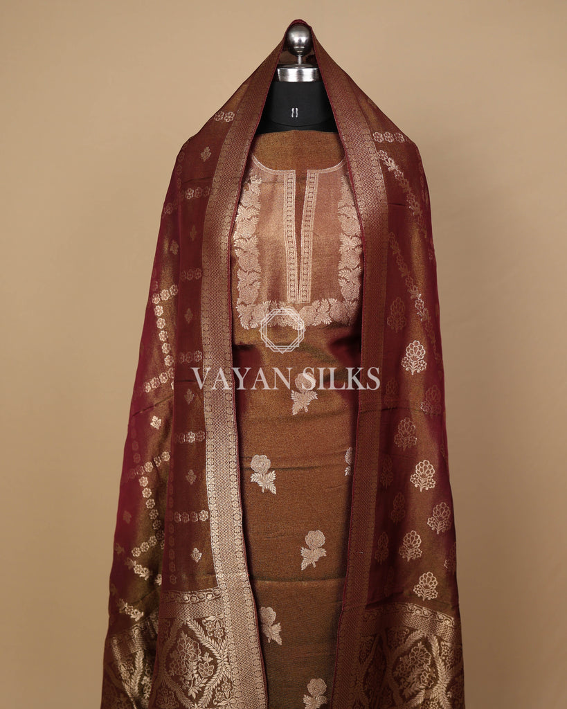 Coffee Banarasi  Shimmer Tissue Silk Unstitched Suit Set