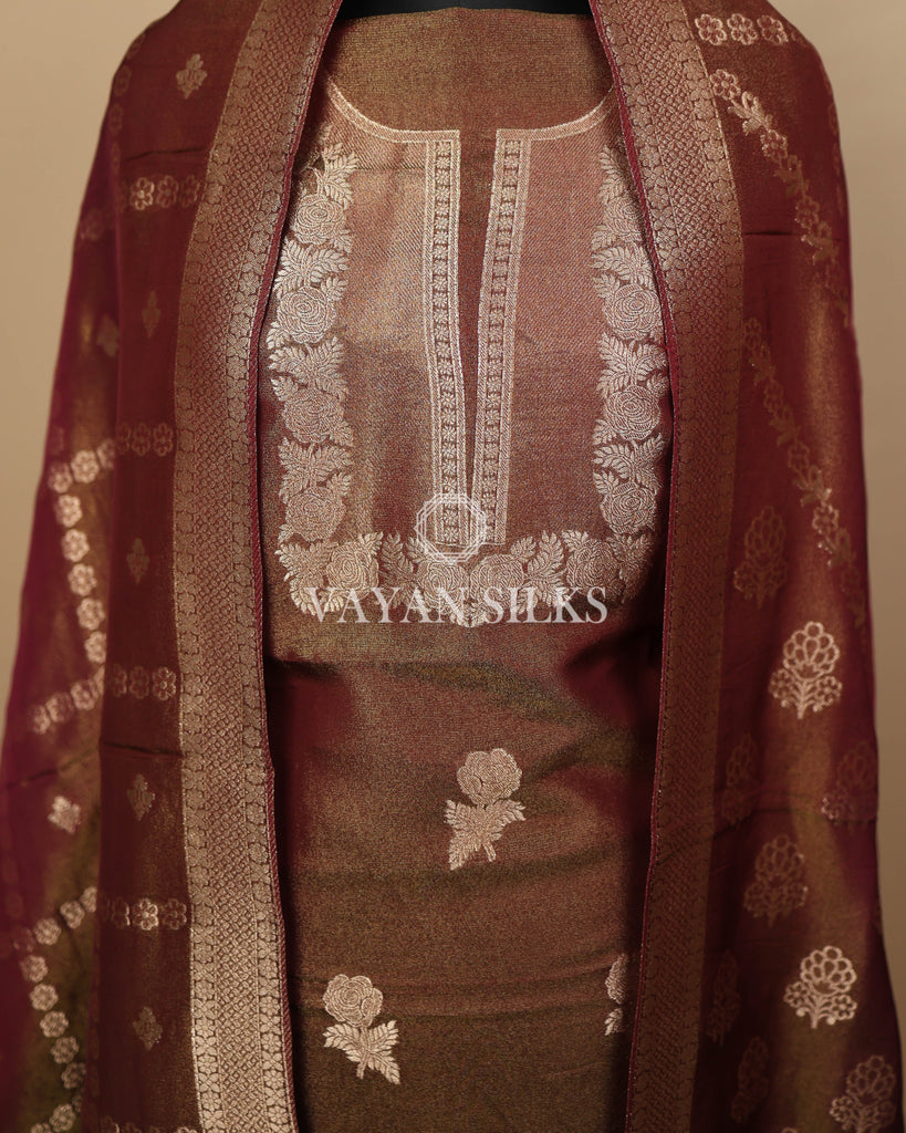 Coffee Banarasi  Shimmer Tissue Silk Unstitched Suit Set