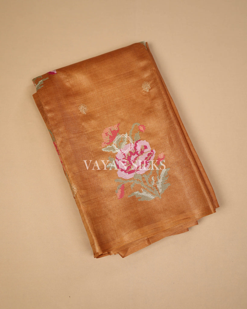 Brown Orange Embroidered Pure Tussar Silk Saree