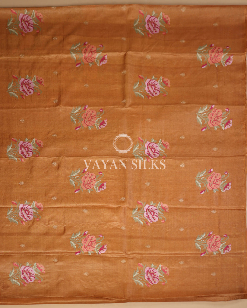Brown Orange Embroidered Pure Tussar Silk Saree