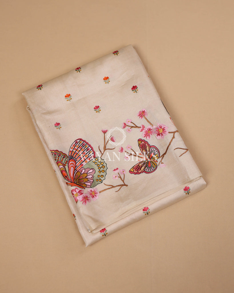 Cream Embroidered Pure Tussar Silk Saree