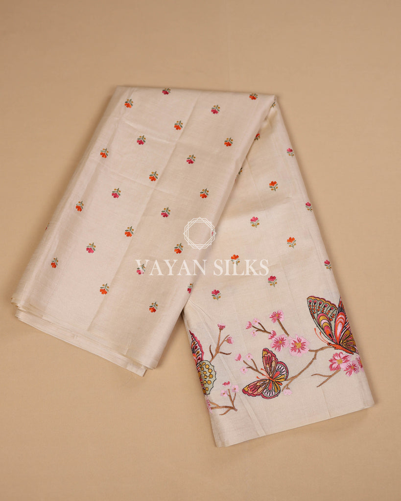 Cream Embroidered Pure Tussar Silk Saree