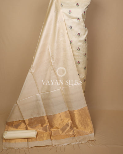 Cream Embroidered Pure Tussar Silk Unstitched Suit Set