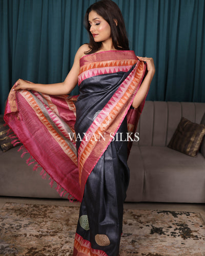 Dark Grey Multicolor Printed Pure Tussar Silk Saree