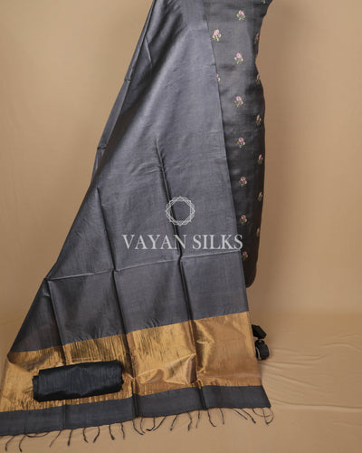 Dark Grey Embroidered Pure Tussar Silk Unstitched Suit Set
