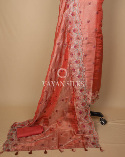 Dark Peach Orange Banarasi Shimmer Tissue Silk Unstitched Suit Set