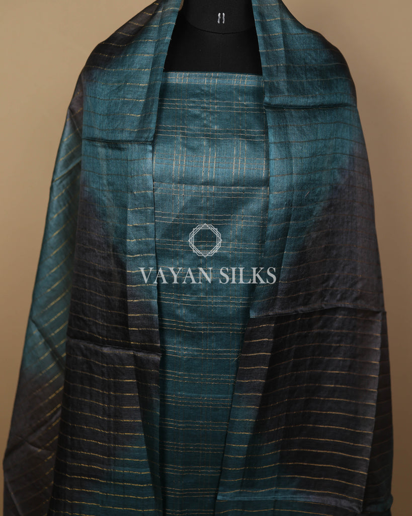 Deep Teal Green Handwoven Pure Tussar Silk Unstitched Suit Set