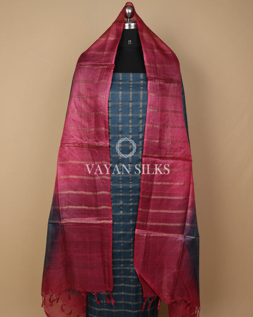Deep Teal Pink Handwoven Pure Tussar Silk Unstitched Suit Set