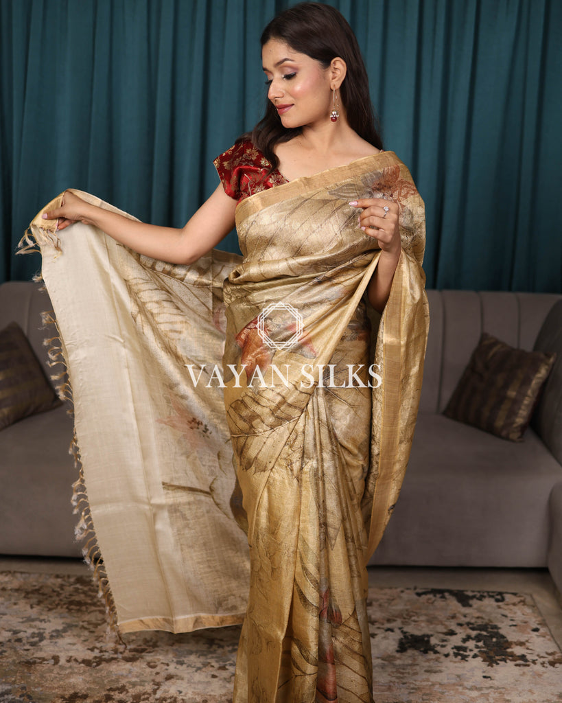 Golden Woven Pure Tussar Silk Saree