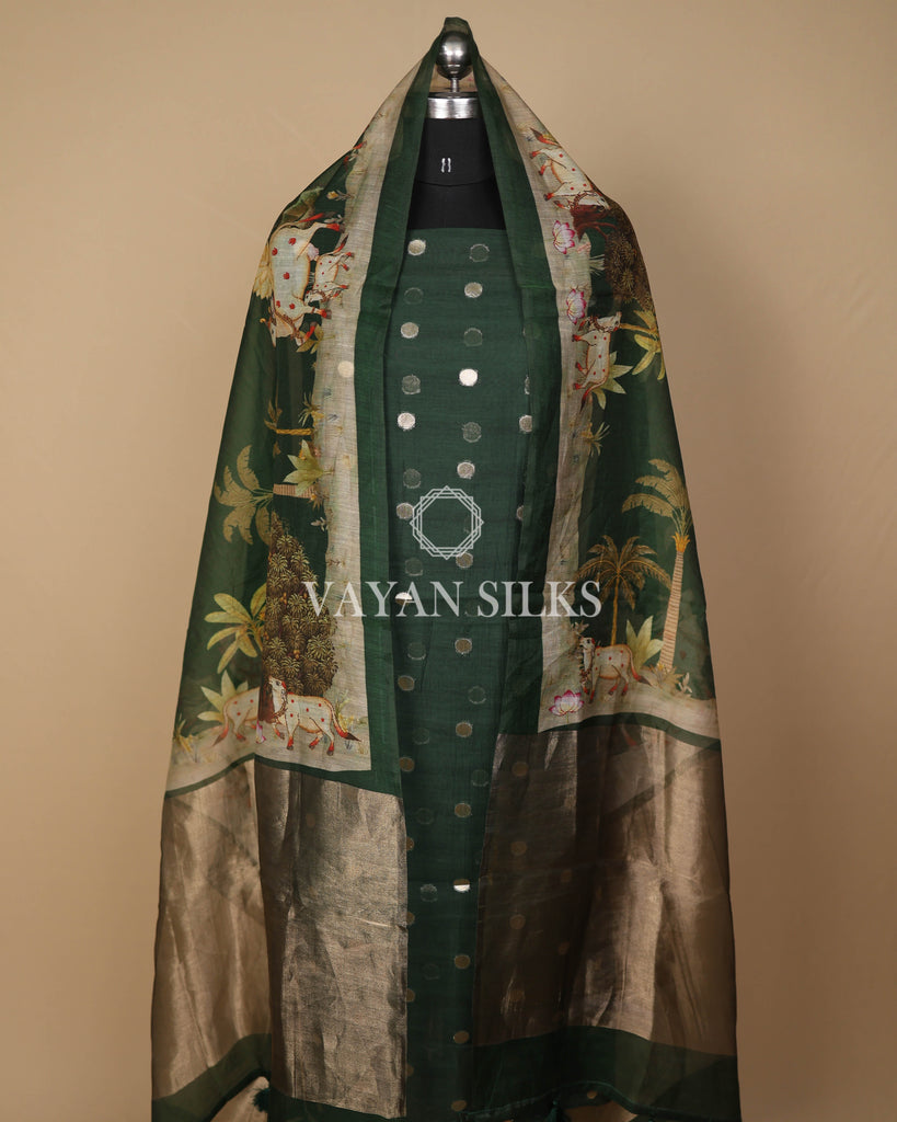 Green Banarasi  Mul Silk Unstitched Suit Set