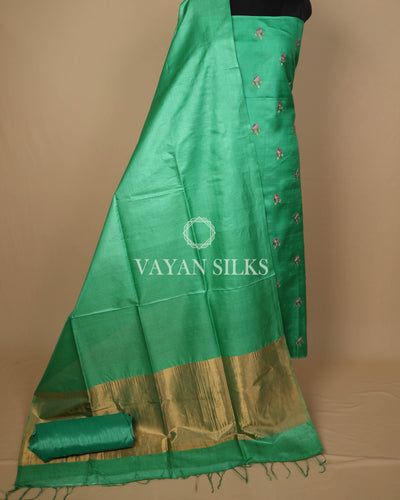 Green Embroidered Pure Tussar Silk Unstitched Suit Set