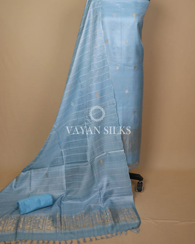 Ice Blue Handwoven Pure Tussar Silk Unstitched Suit Set