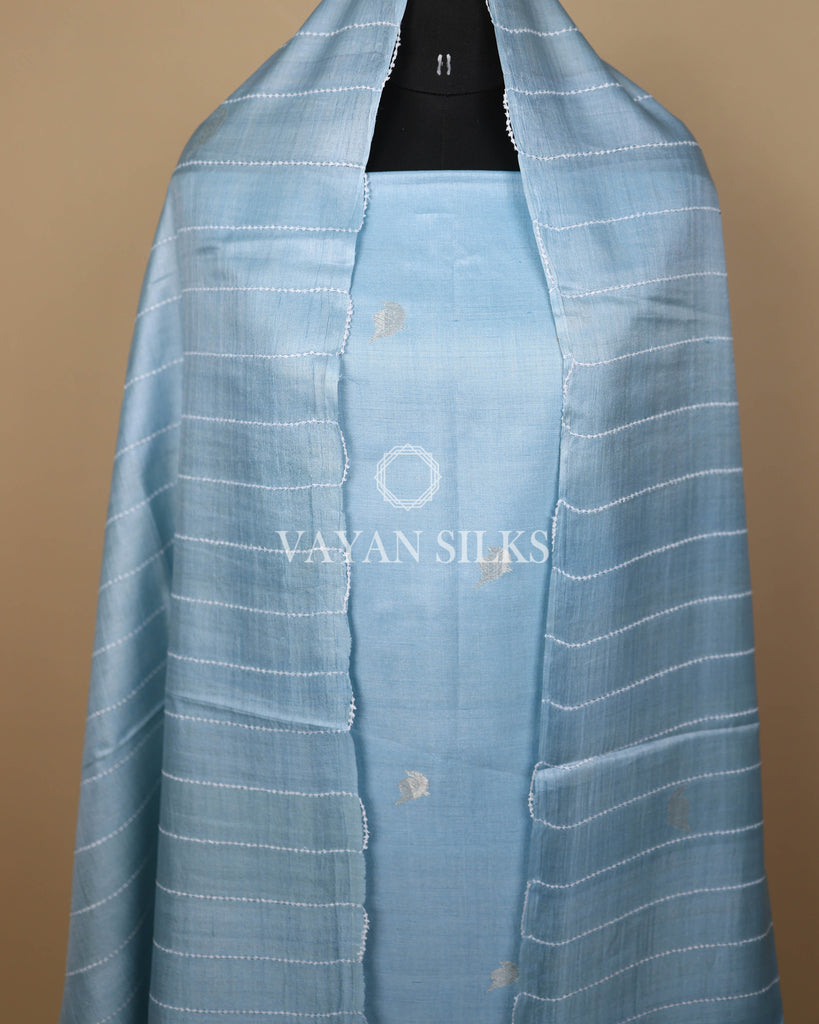 Ice Blue Handwoven Pure Tussar Silk Unstitched Suit Set
