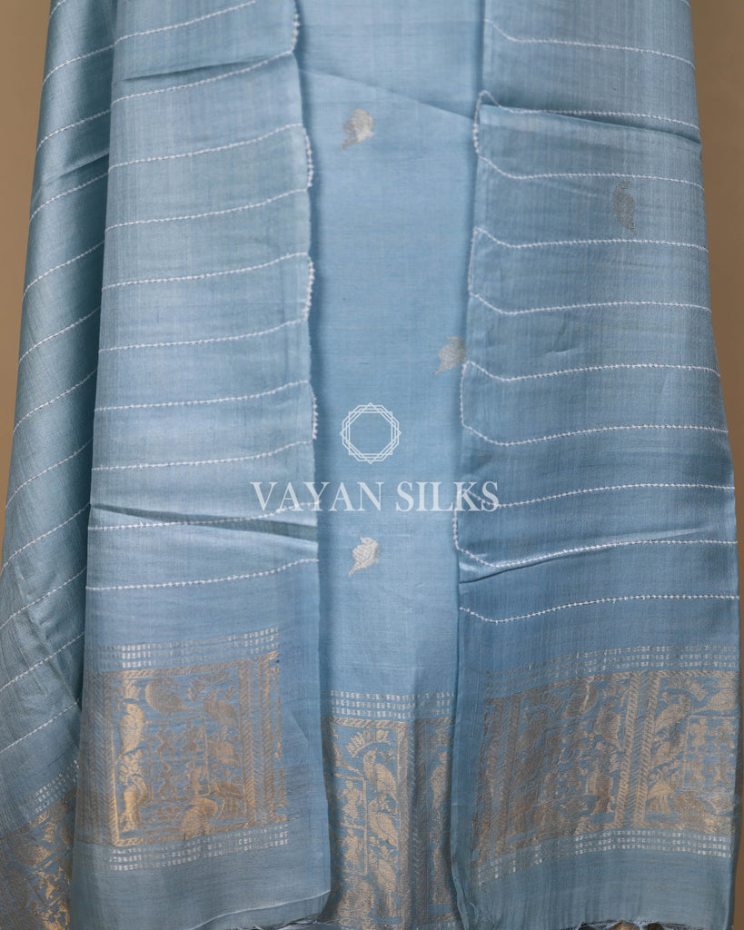 Ice Blue Handwoven Pure Tussar Silk Unstitched Suit Set