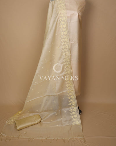 Ivory Cream Embroidered Pure Tussar Silk Unstitched Suit Set