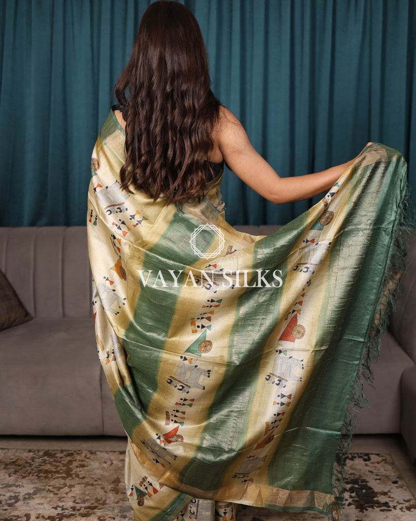 Light Olive Green Hand Painted Pure Tussar Silk Saree