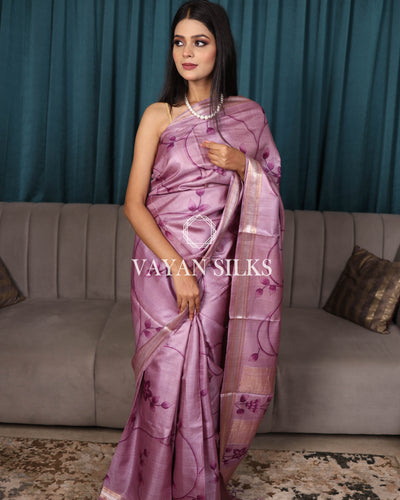 Light Purple Hand Painted Pure Tussar Silk Saree