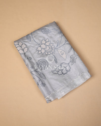 Light Silver Grey Embroidered Pure Tussar Silk Saree