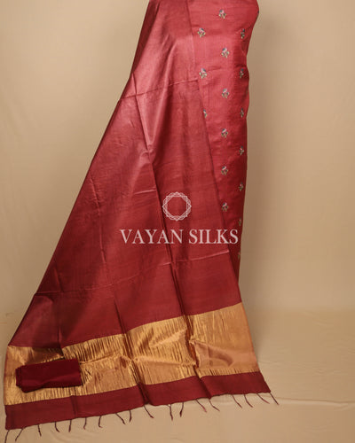 Maroon Embroidered Pure Tussar Silk Unstitched Suit Set