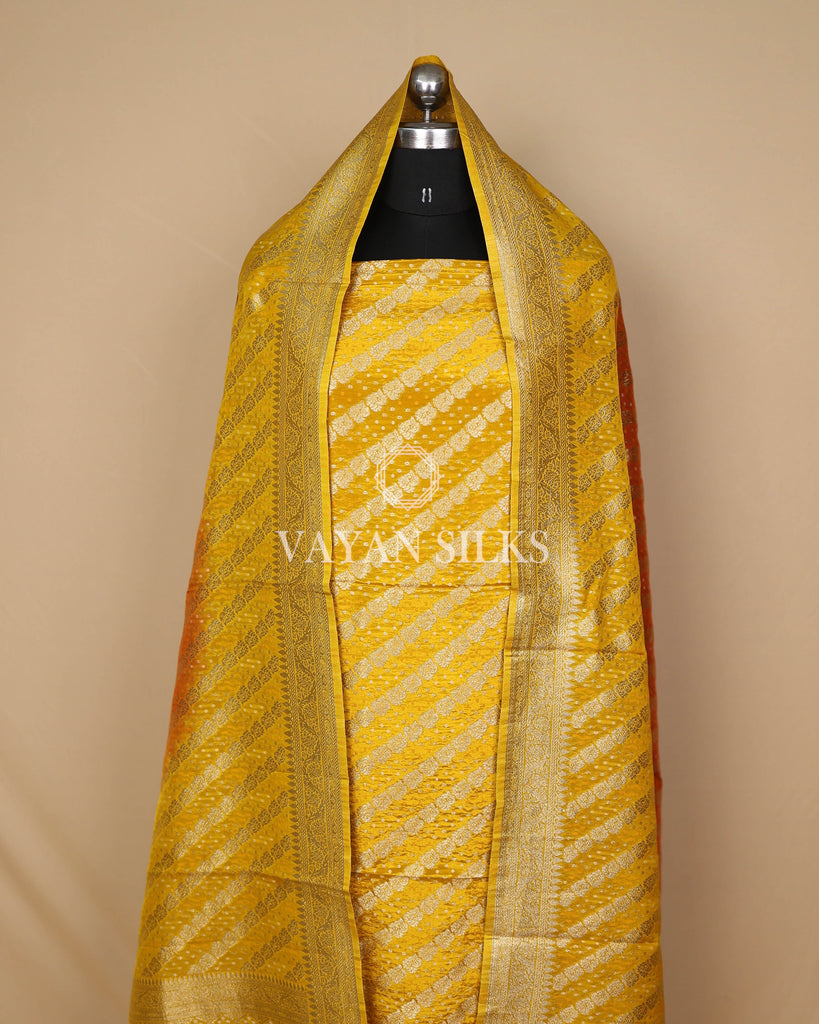 Mustard Yellow Orange Banarasi  Georgette Bandhej Silk Unstitched Suit Set