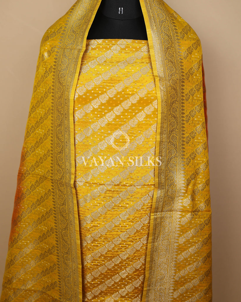 Mustard Yellow Orange Banarasi  Georgette Bandhej Silk Unstitched Suit Set
