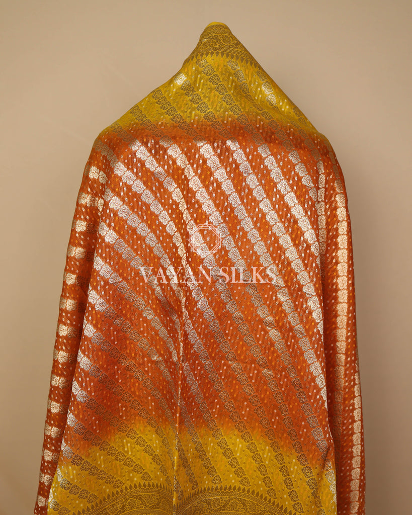 Mustard Yellow Orange Banarasi  Georgette Bandhej Silk Unstitched Suit Set