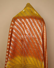 Load image into Gallery viewer, Mustard Yellow Orange Banarasi  Georgette Bandhej Silk Unstitched Suit Set