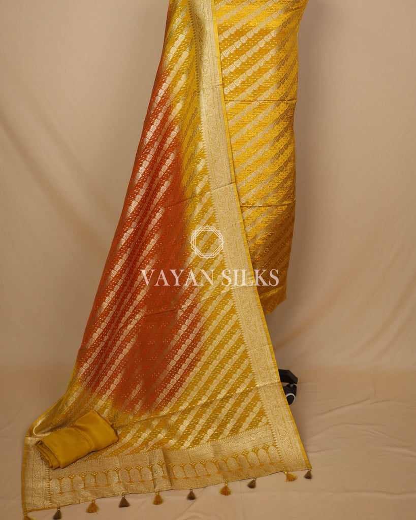 Mustard Yellow Orange Banarasi  Georgette Bandhej Silk Unstitched Suit Set