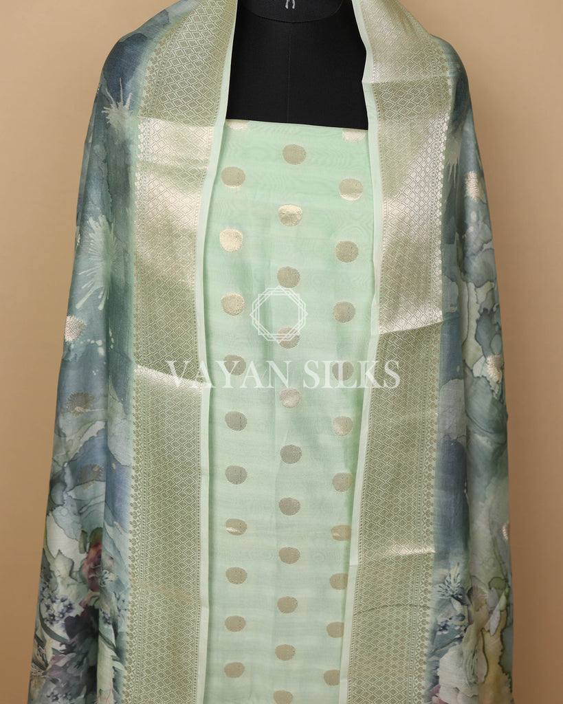 Pastel Mint Green Banarasi Silk Unstitched Suit Set